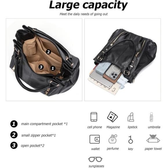 Retro Leather Tote Handbags for Women, Black - Picture 5 of 6